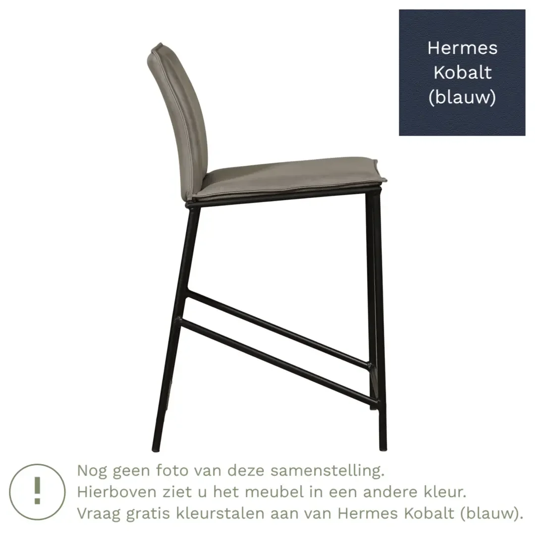 afbeelding van Leren barkruk laag Favor - Hermes Kobalt (blauw) - poten staal rond zwart